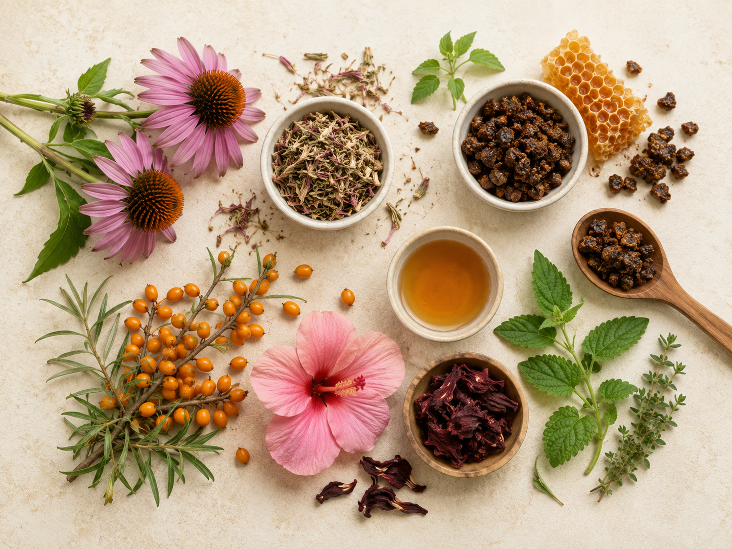 Prírodné rastlinné surovín na podporu imunity – echinacea, propolis, rakytník, ibištek