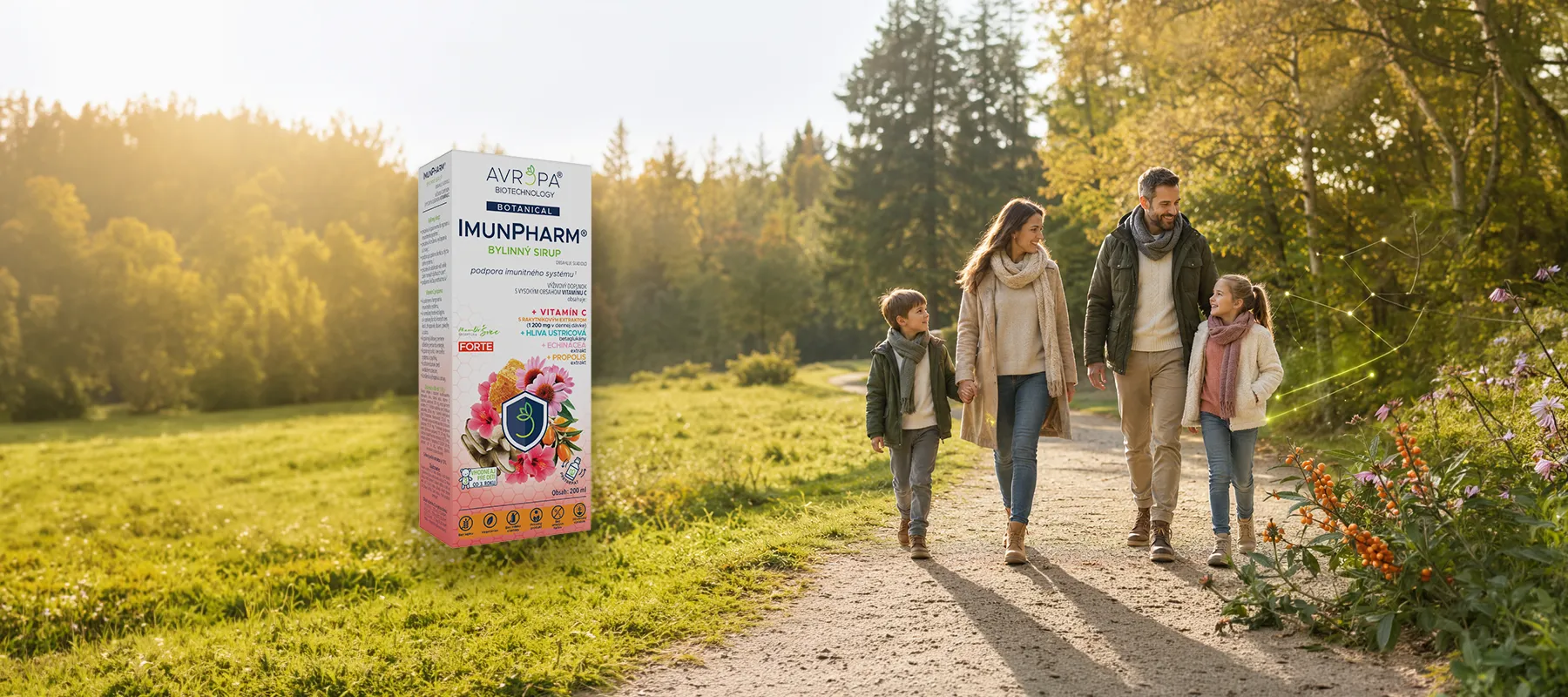 Bylinný sirup AVROPA ImunPharm Forte na podporu imunity s vitamínom C, echinaceou a rakytníkom